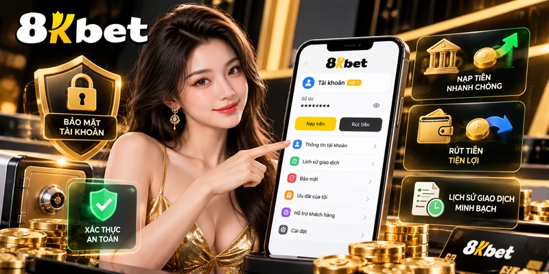 Giao diện quản lý tài khoản 8KBET với chức năng nạp rút, bảo mật và lịch sử giao dịch